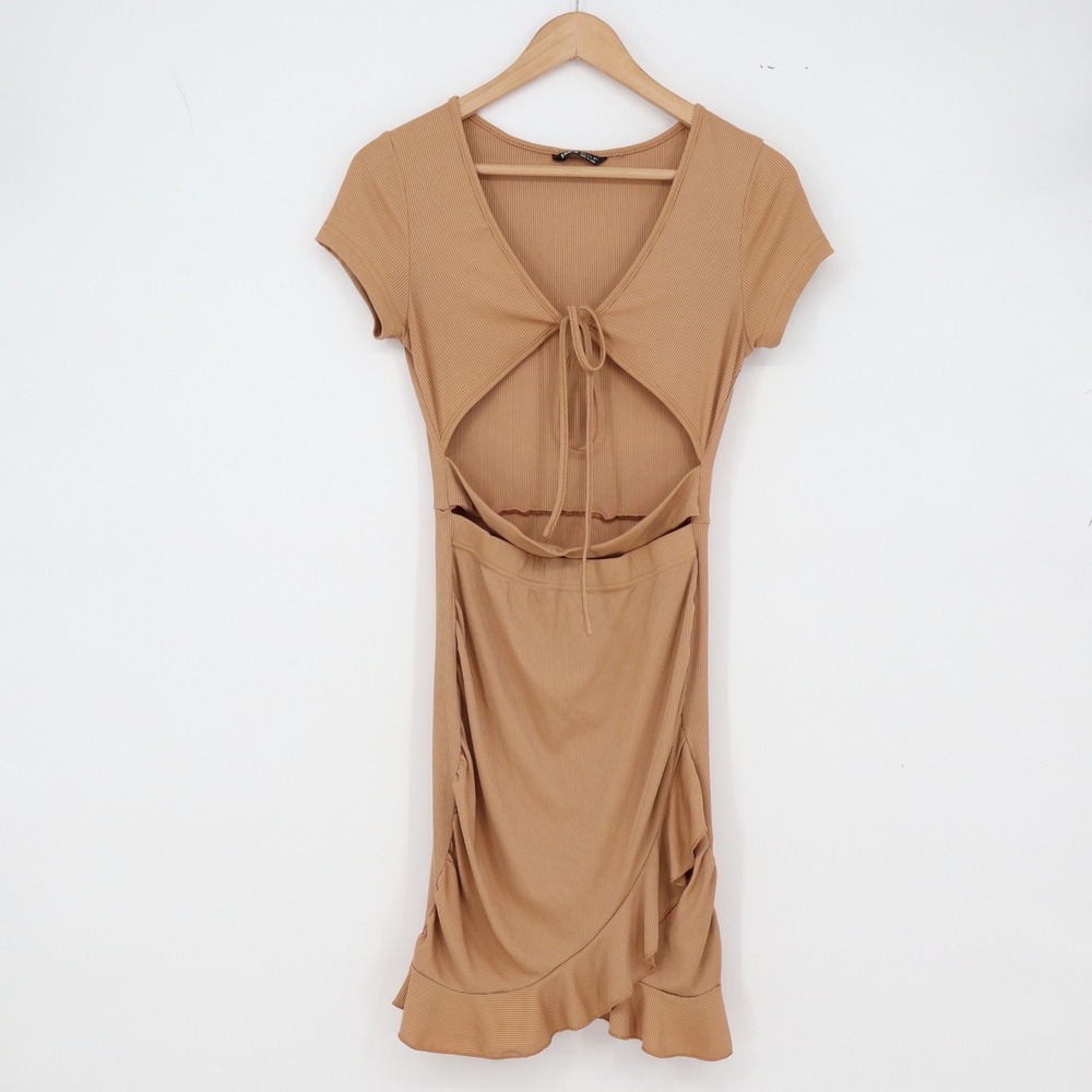 SHEIN Dress Womens 4 Cutout Tie Front Tan Ruffle Hem Ribbed Mini Excellent